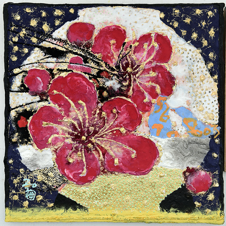 달항아리, 매화를 품다! 2020-13_하늘은 맑고 별이 가득했다, 수제장지 위에 석채, 금박 24k, 합금박,55x55cm,2020