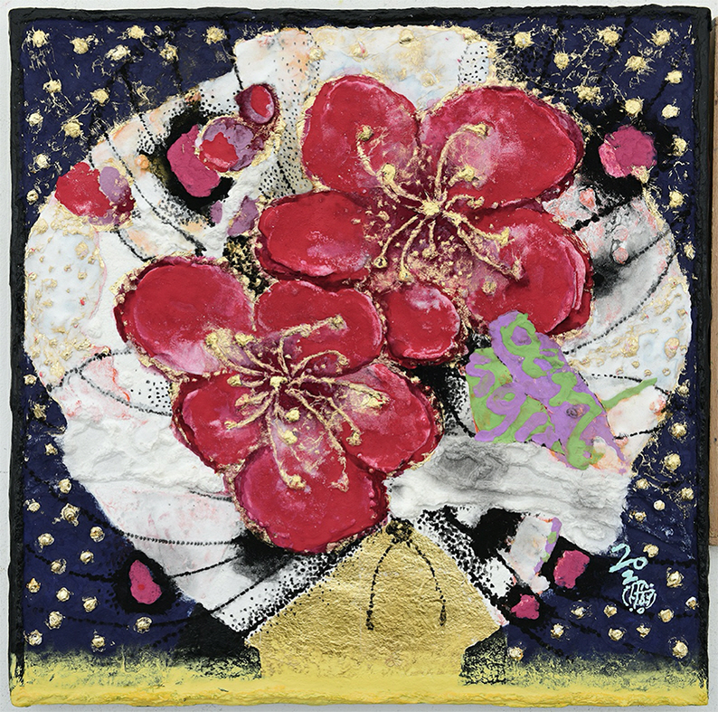 달항아리, 매화를 품다! 2020-15_하늘은 맑고 별이 가득했다, 수제장지 위에 석채, 금박 24k, 합금박,55x55cm,2020