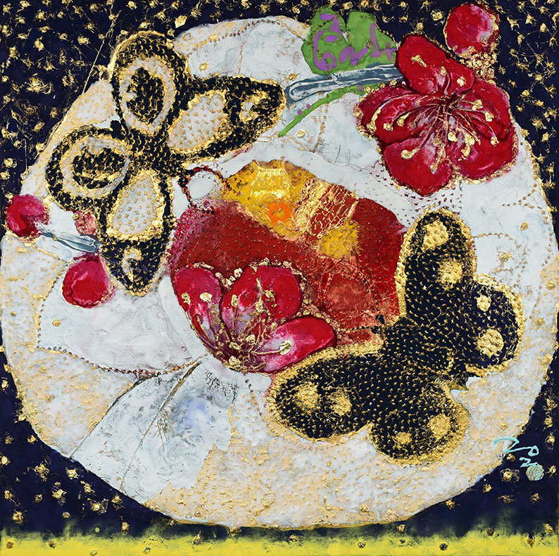 달항아리, 매화를 품다! 2020-7_하늘은 맑고 별이 가득했다, 수제장지 위에 석채, 금박 24k, 합금박,90x90cm,2020